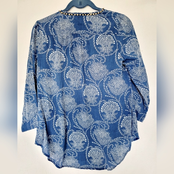 Lucky Brand Women's Boho Blouse Cotton/Rayon Beaded Blue/White Small - Picture 11 of 16